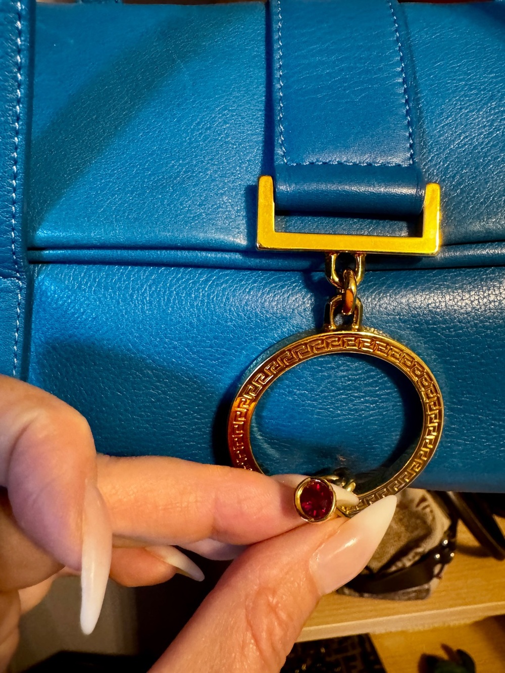 RARE Vintage Gianni Versace Blue Leather Greca Jewel Shoulder Bag – 1990 - Picture 10 of 12